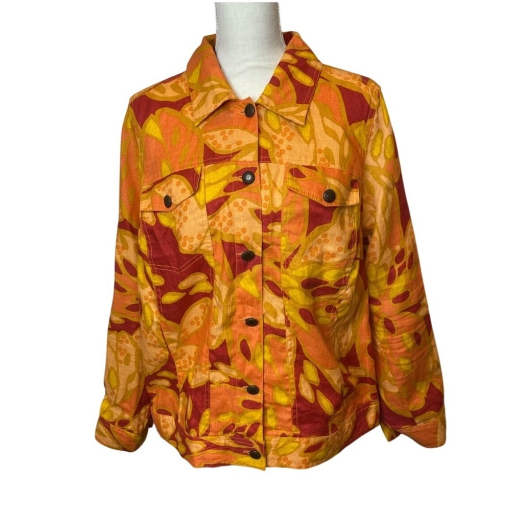 Lucy & Laurel Linen Jacket Women Size 2X Lightweight‎ Resort Tropical Leaf Print